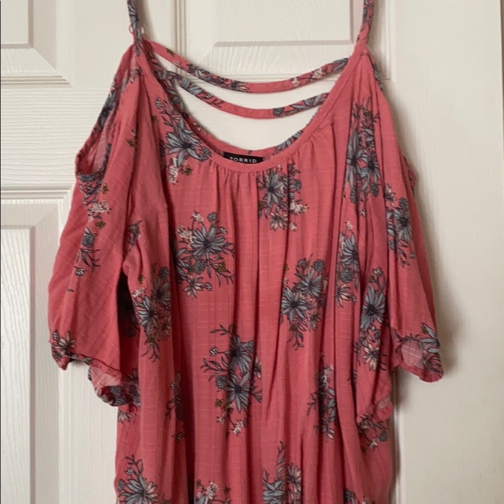Pink patterned top, cold shoulder